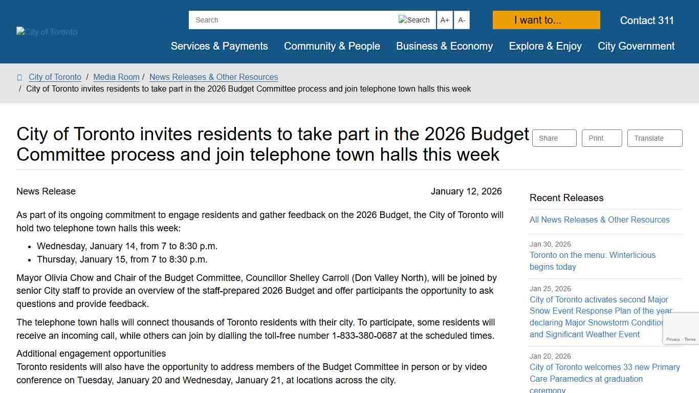 City of Toronto invites residents to take part in the 2026 Budget Committee process and join telephone town halls this week – City of Toronto